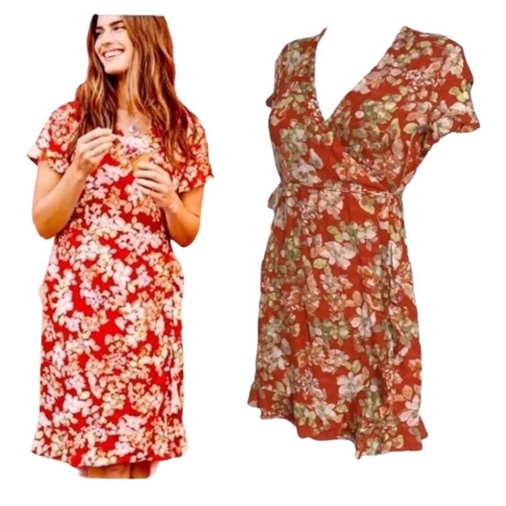 J. Jill Papaya Authentic Wrap Dress  Floral Peach & Red Womens Size Medium